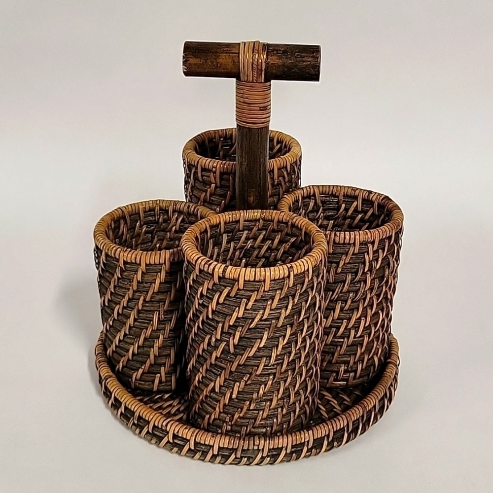 Wicker Rattan Woven Brown/Tan Utensil 4-Section Caddy Holder w/Handle